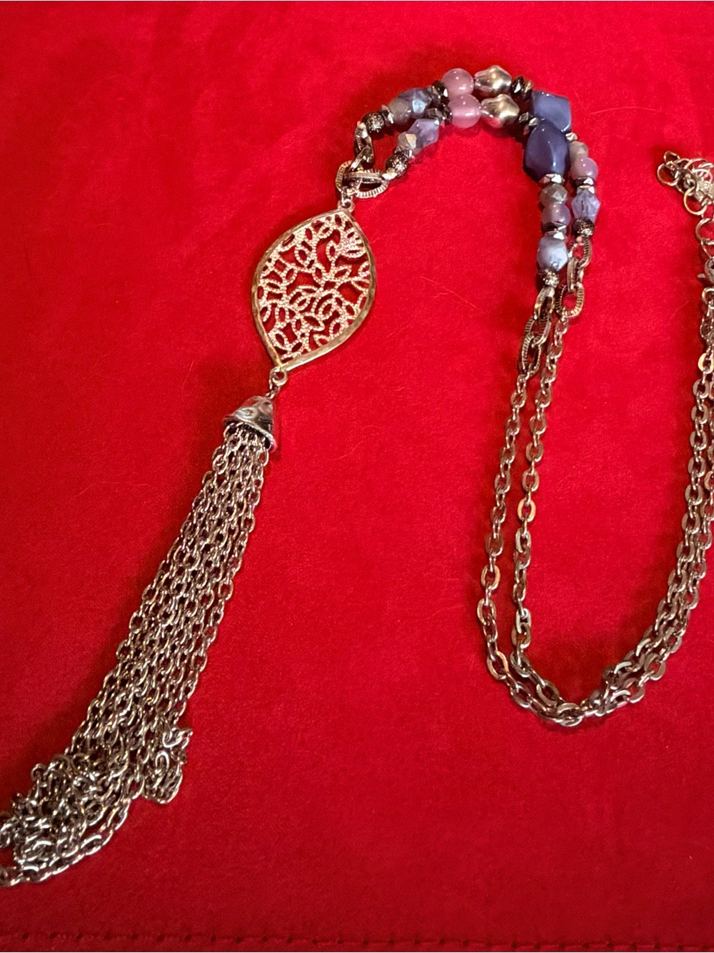 Ruby Rd. Silver-Tone Filigree Tassel Necklace with Purple and Pink Beads